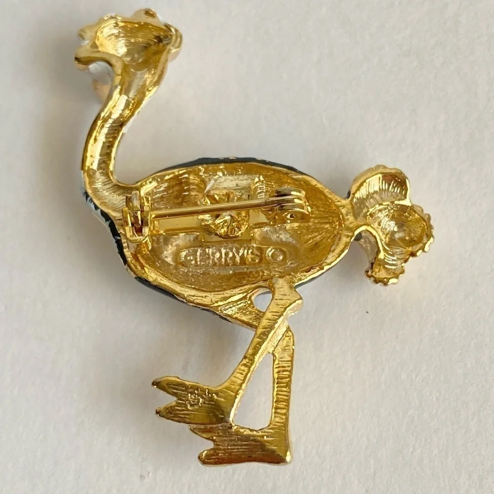 Vintage 60s Gerrys Ostrich Brooch Figural Bird Pin Gold Tone Pink Rhinestone‎